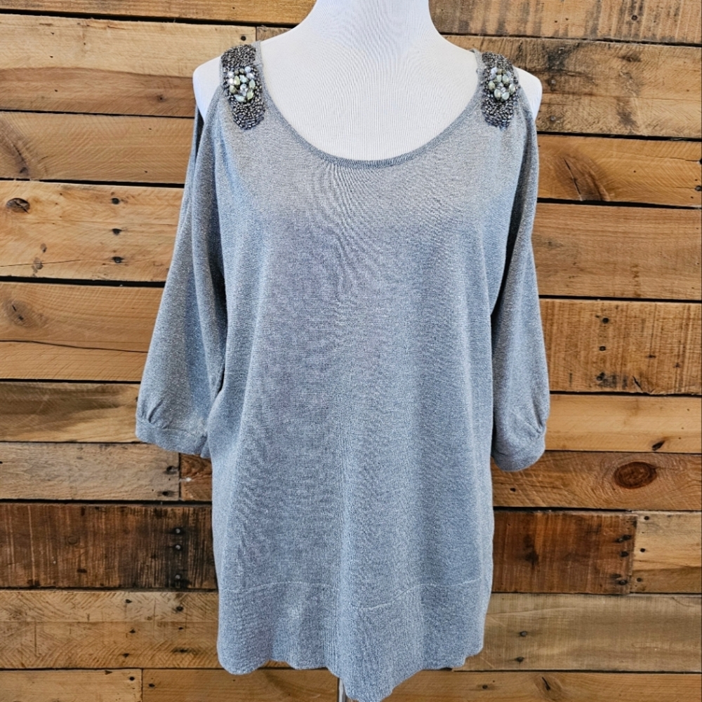 Lane Bryant silver cold shoulder sweater w/ bead and jewel details size 18/20